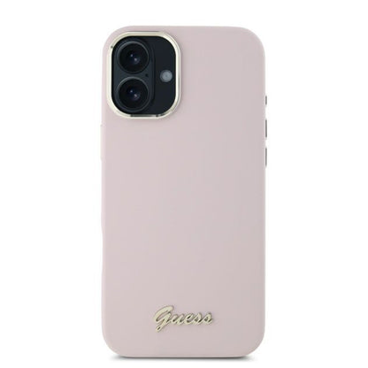 Custodia per Apple iPhone 16 Plus, Guess, Script Metal Logo & Frame, Rosa