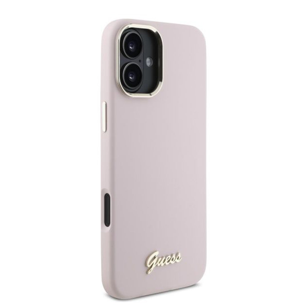Custodia per Apple iPhone 16 Plus, Guess, Script Metal Logo & Frame, Rosa
