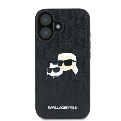 Custodia per Apple iPhone 16 Plus, Karl Lagerfeld, Monogramma Karl & Choupette's Heads, Nera