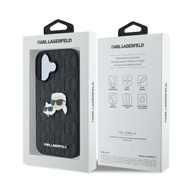 Custodia per Apple iPhone 16 Plus, Karl Lagerfeld, Monogramma Karl & Choupette's Heads, Nera