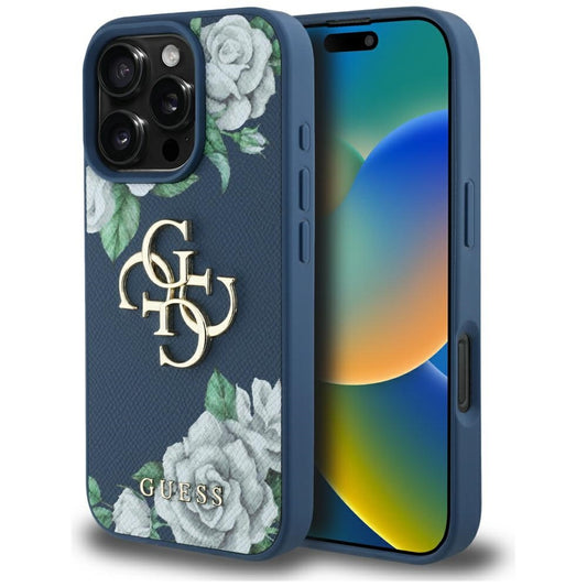 Étui pour Apple iPhone 16 Pro, Guess, 4G Grained Roses Big Logo, Bleu