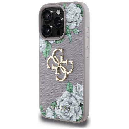 Custodia per Apple iPhone 16 Pro, Guess, 4G Grained Roses Big Logo, Viola