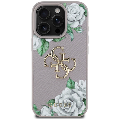 Custodia per Apple iPhone 16 Pro, Guess, 4G Grained Roses Big Logo, Viola