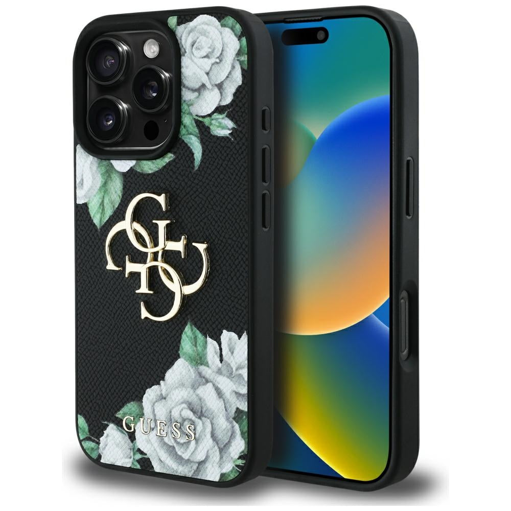 Custodia per Apple iPhone 16 Pro, Guess, 4G Grained Roses Big Logo, Nera
