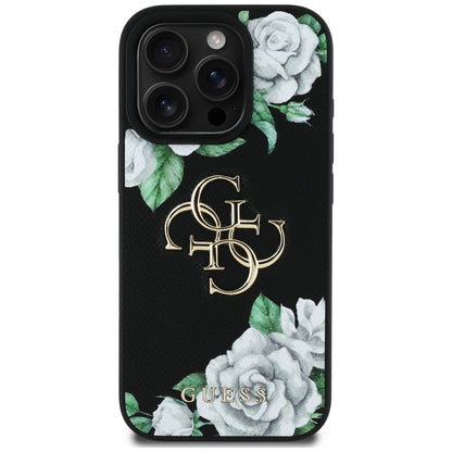 Custodia per Apple iPhone 16 Pro, Guess, 4G Grained Roses Big Logo, Nera