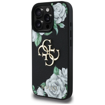 Custodia per Apple iPhone 16 Pro, Guess, 4G Grained Roses Big Logo, Nera