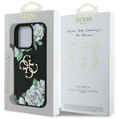 Custodia per Apple iPhone 16 Pro, Guess, 4G Grained Roses Big Logo, Nera