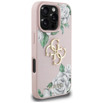Custodia per Apple iPhone 16 Pro, Guess, 4G Grained Roses Big Logo, Rosa