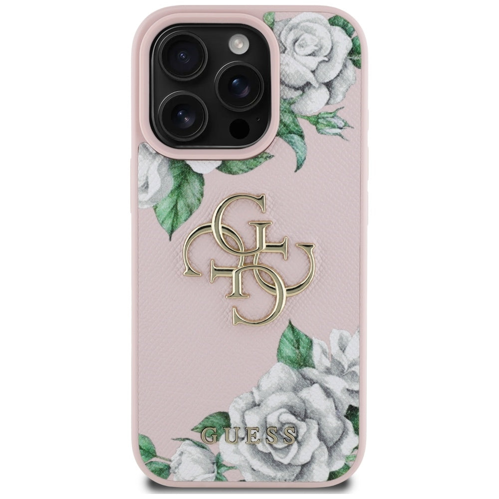 Custodia per Apple iPhone 16 Pro, Guess, 4G Grained Roses Big Logo, Rosa