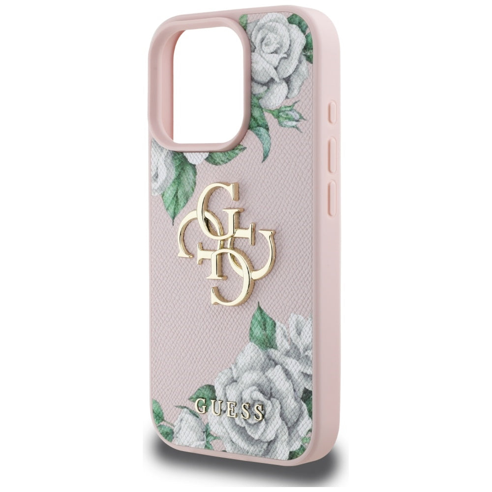 Custodia per Apple iPhone 16 Pro, Guess, 4G Grained Roses Big Logo, Rosa