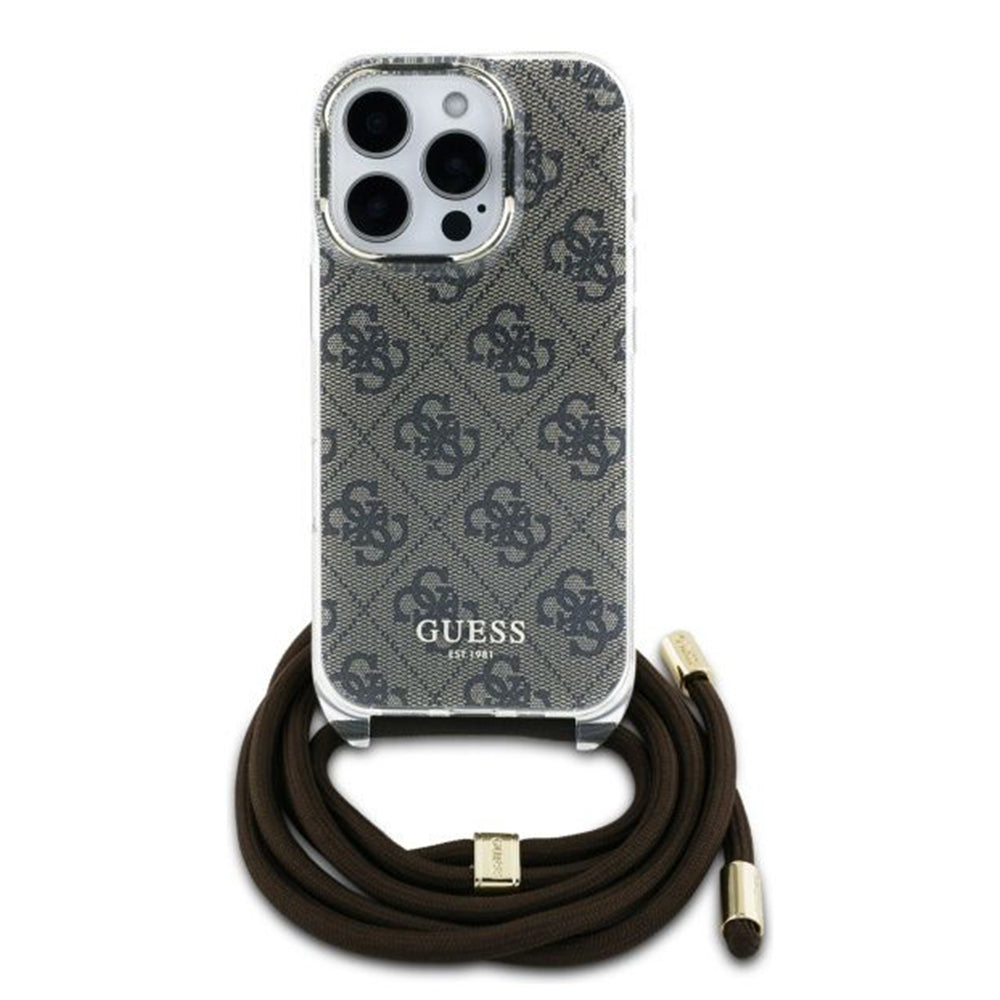 Custodia per Apple iPhone 16 Pro, Guess, Crossbody Cord 4G Print, Marrone