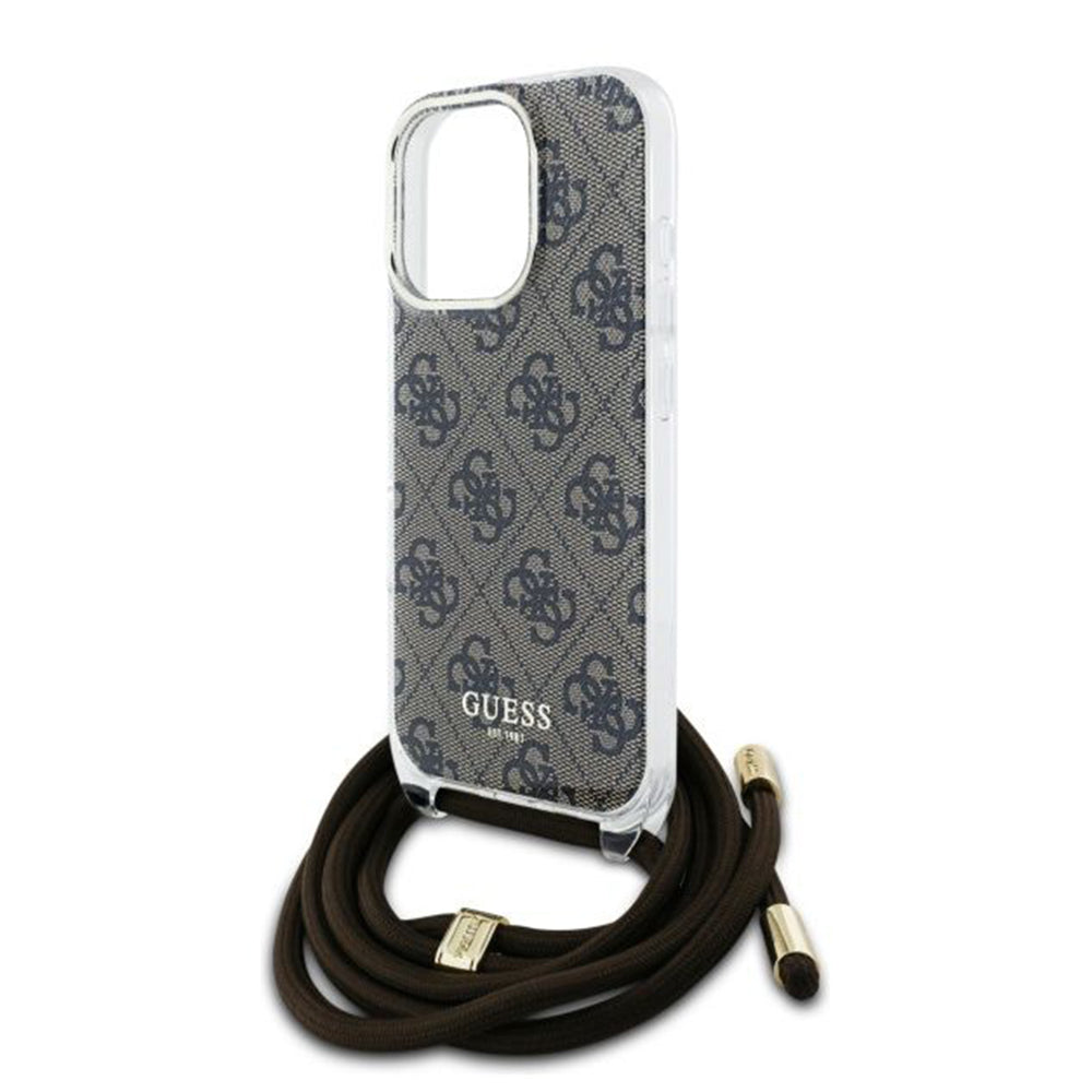 Custodia per Apple iPhone 16 Pro, Guess, Crossbody Cord 4G Print, Marrone