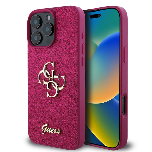 Custodia per Apple iPhone 16 Pro, Guess, Glitter Big 4G Script, Magenta