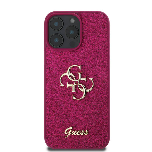 Custodia per Apple iPhone 16 Pro, Guess, Glitter Big 4G Script, Magenta