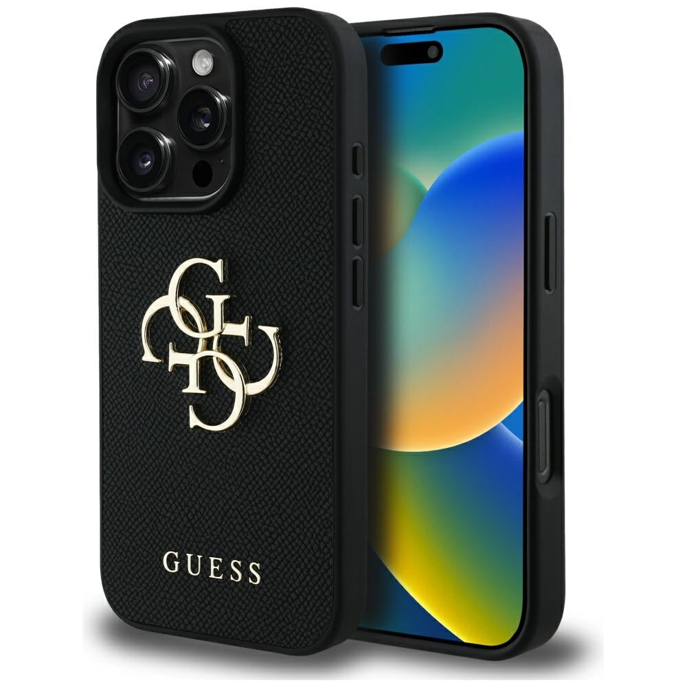 Custodia per Apple iPhone 16 Pro, Guess, Grained Big 4G Logo Small Classic Logo, Nera