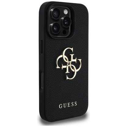 Custodia per Apple iPhone 16 Pro, Guess, Grained Big 4G Logo Small Classic Logo, Nera