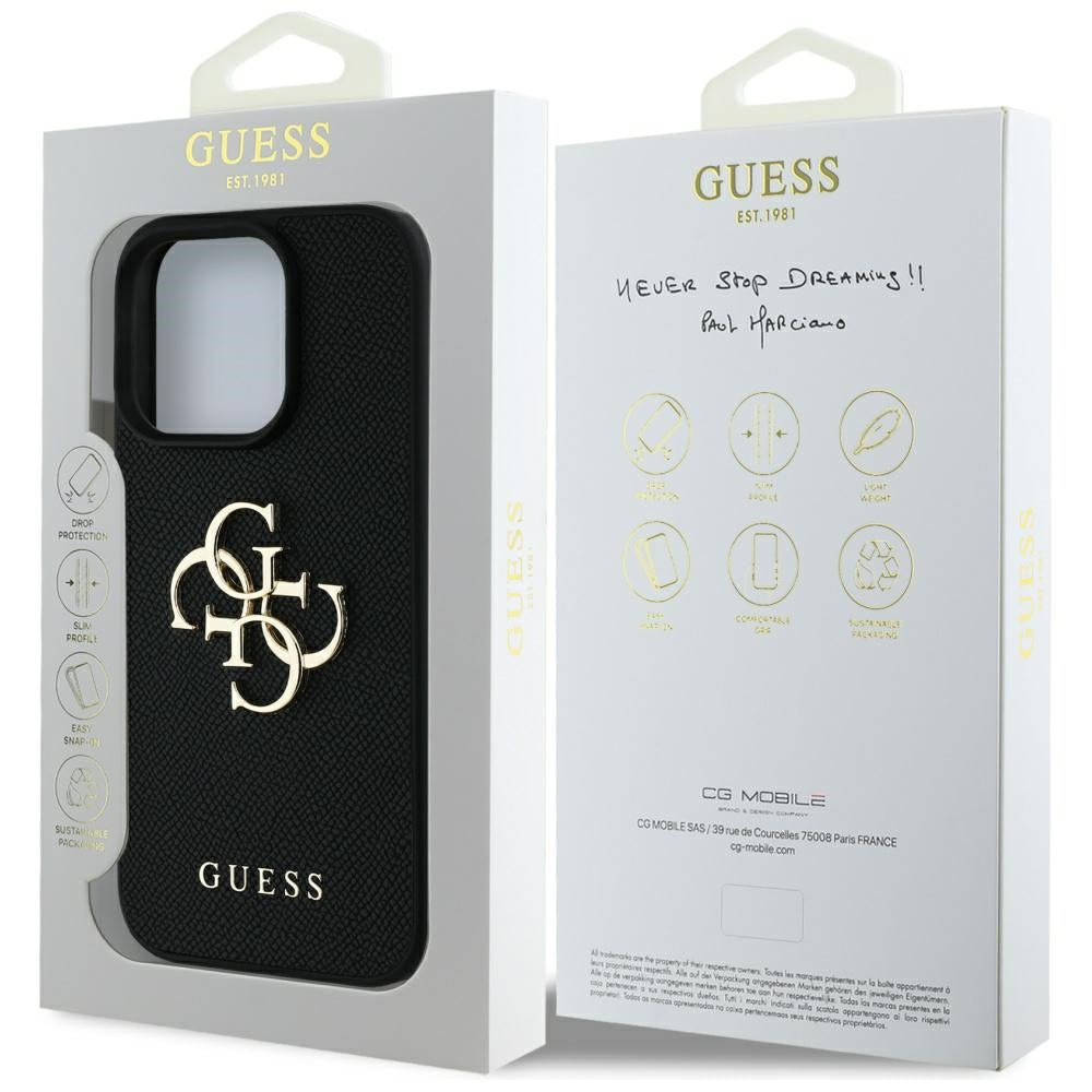 Custodia per Apple iPhone 16 Pro, Guess, Grained Big 4G Logo Small Classic Logo, Nera