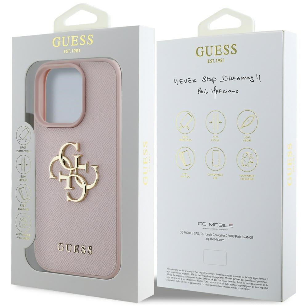 Étui pour Apple iPhone 16 Pro, Guess, Grained Big 4G Logo Small Classic Logo, Rose