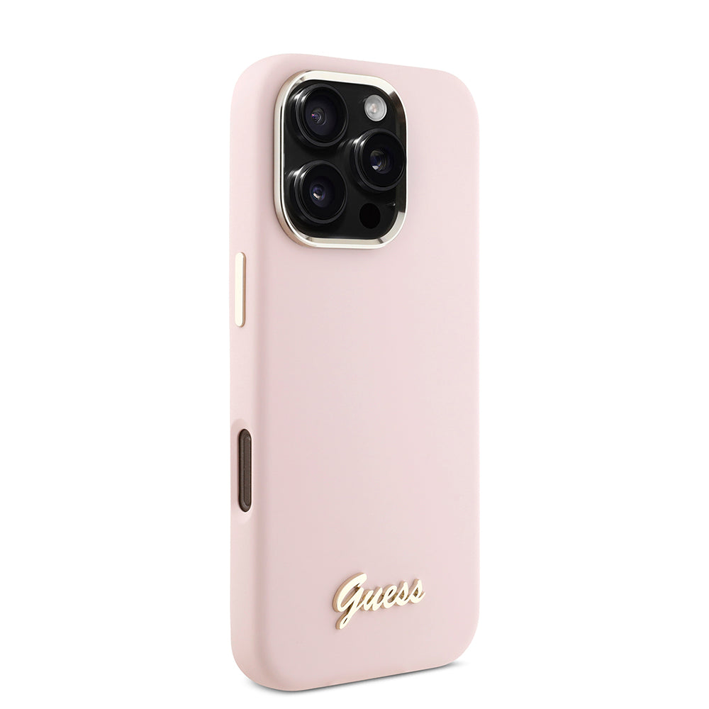 Étui pour Apple iPhone 16 Pro, Guess, Script Metal Logo & Frame, Rose