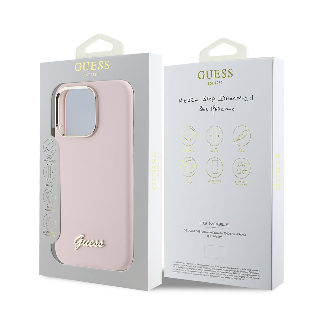 Étui pour Apple iPhone 16 Pro, Guess, Script Metal Logo & Frame, Rose