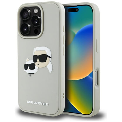Custodia per Apple iPhone 16 Pro, Karl Lagerfeld, 3D Rubber Karl & Choupette, Beige
