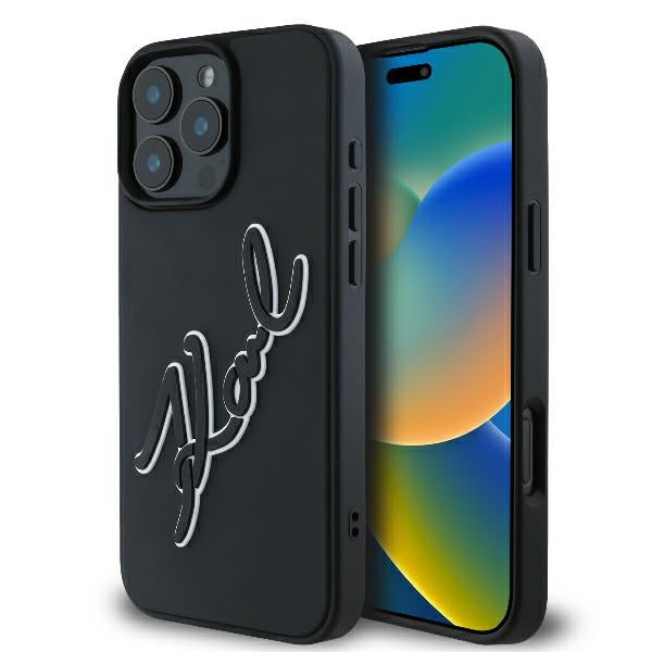 Custodia per Apple iPhone 16 Pro, Karl Lagerfeld, 3D Rubber Signature, Nera