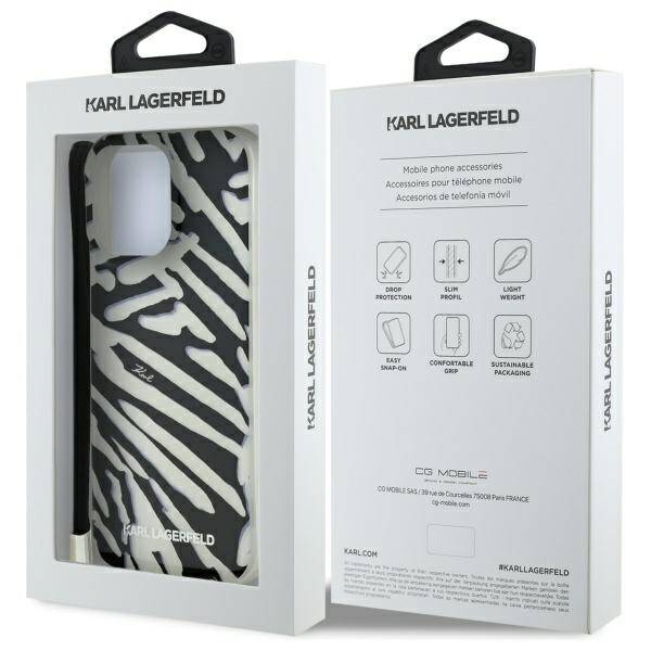 Hülle für Apple iPhone 16 Pro, Karl Lagerfeld, IML Luxury Zebra Muster mit Trageriemen, Schwarz