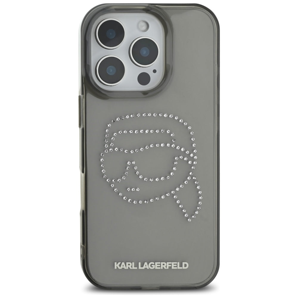Custodia per Apple iPhone 16 Pro, Karl Lagerfeld, IML Rhinestones Karl's Head, Nera
