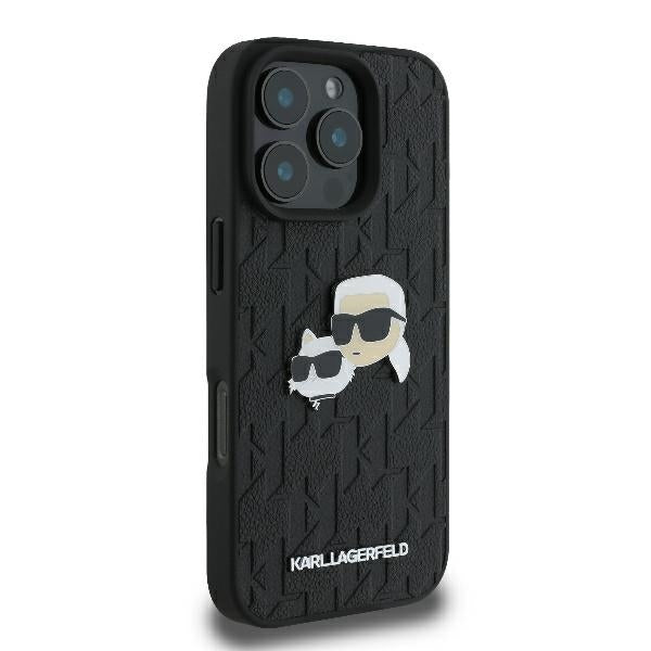 Hülle für Apple iPhone 16 Pro, Karl Lagerfeld, Monogramm Karl & Choupette's Köpfe, Schwarz