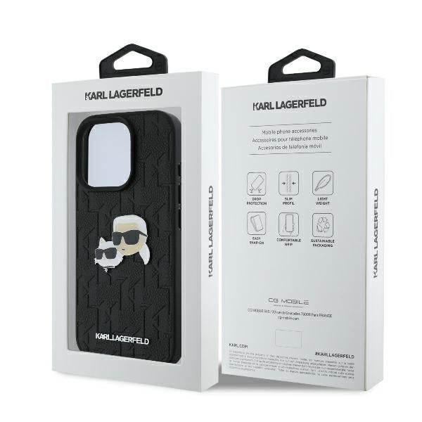 Hülle für Apple iPhone 16 Pro, Karl Lagerfeld, Monogramm Karl & Choupette's Köpfe, Schwarz