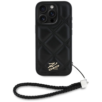 Custodia per Apple iPhone 16 Pro, Karl Lagerfeld, Quilted Initial Logo & Chain Strap, Nera