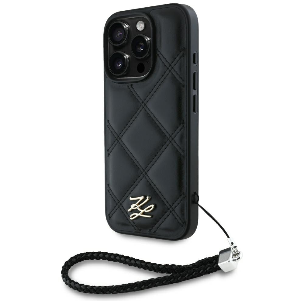 Custodia per Apple iPhone 16 Pro, Karl Lagerfeld, Quilted Initial Logo & Chain Strap, Nera