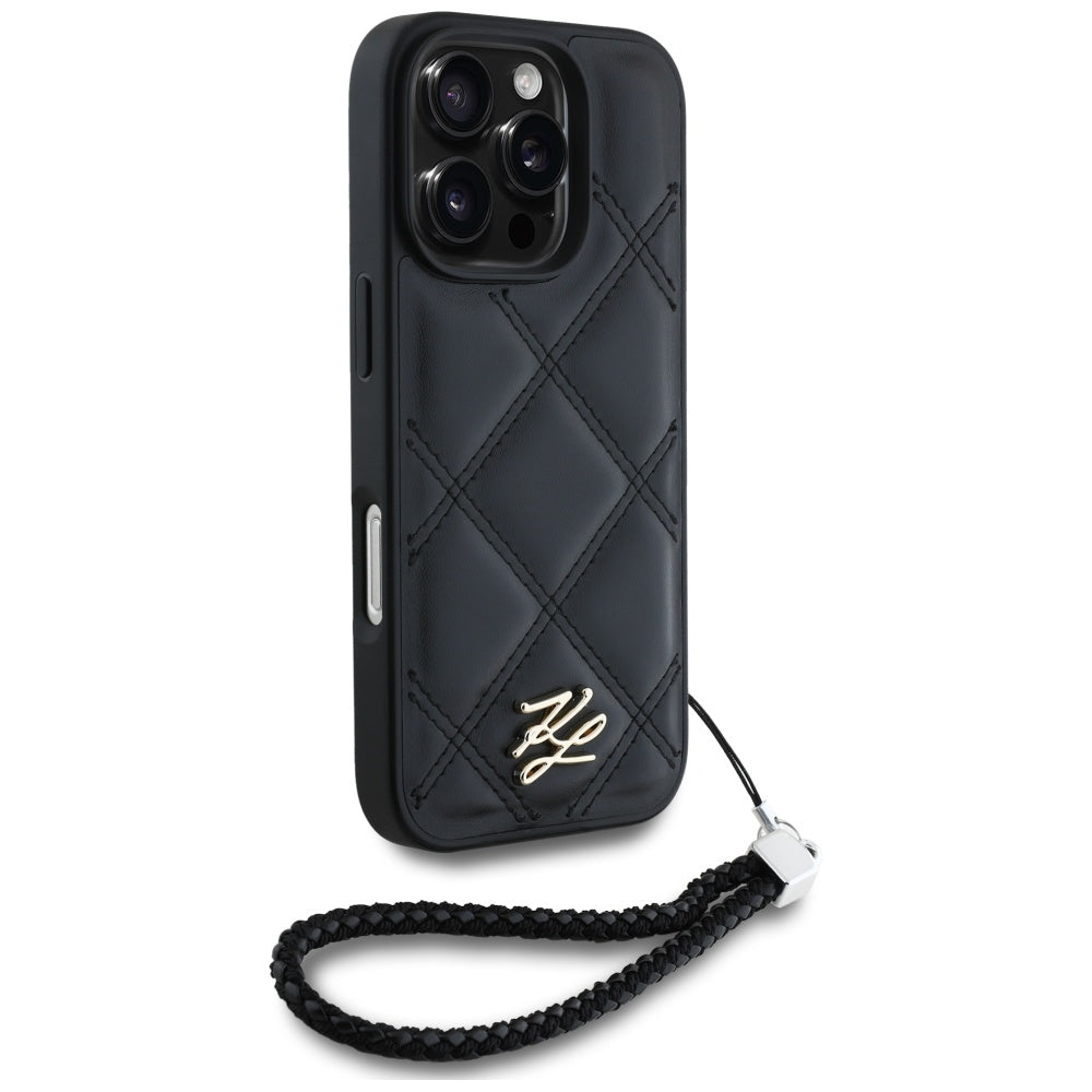 Custodia per Apple iPhone 16 Pro, Karl Lagerfeld, Quilted Initial Logo & Chain Strap, Nera