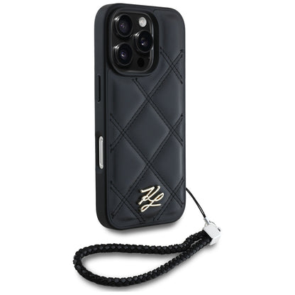 Custodia per Apple iPhone 16 Pro, Karl Lagerfeld, Quilted Initial Logo & Chain Strap, Nera