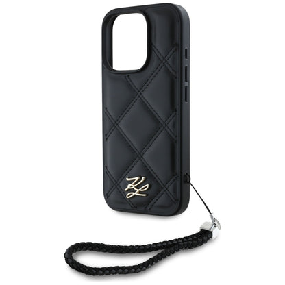 Custodia per Apple iPhone 16 Pro, Karl Lagerfeld, Quilted Initial Logo & Chain Strap, Nera