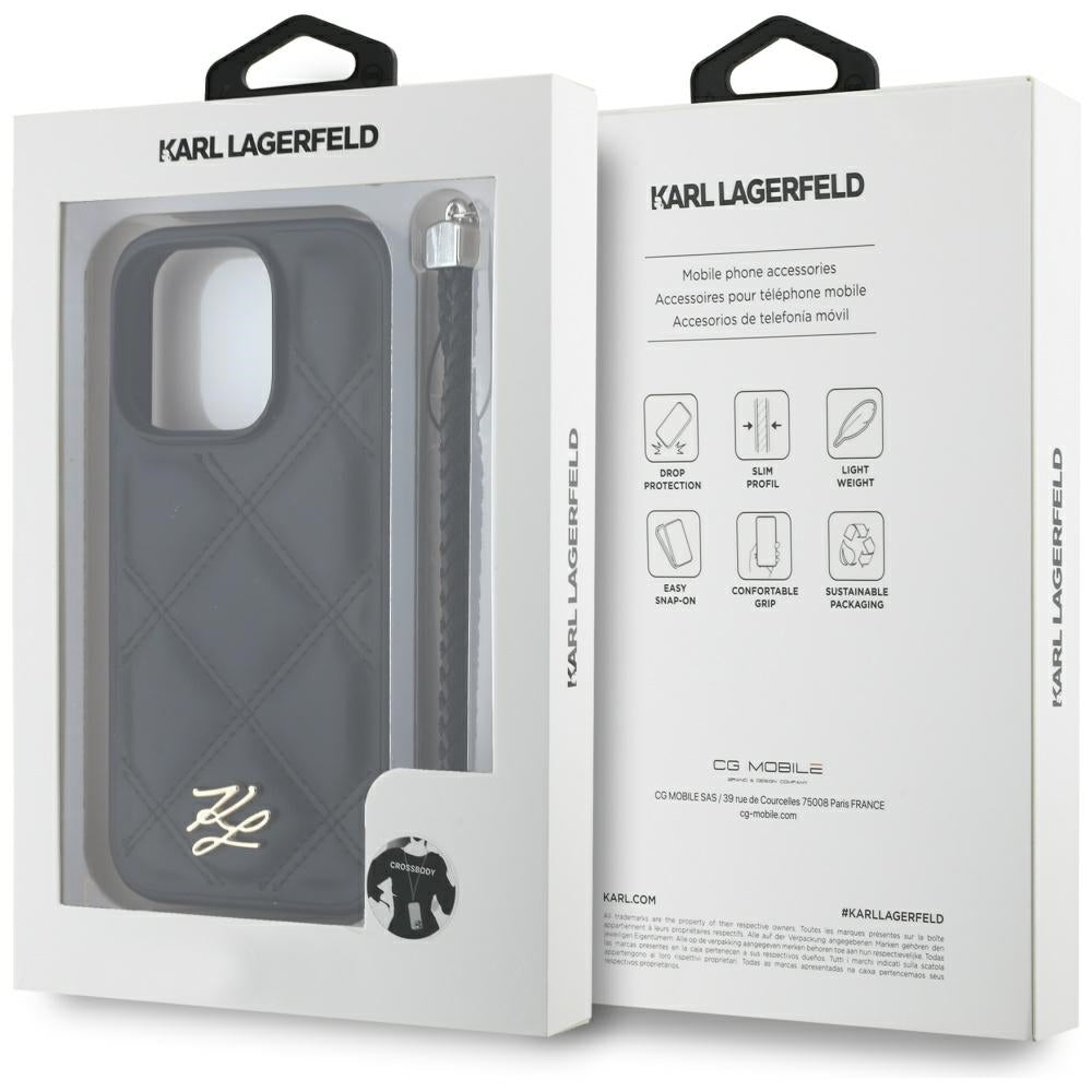 Custodia per Apple iPhone 16 Pro, Karl Lagerfeld, Quilted Initial Logo & Chain Strap, Nera