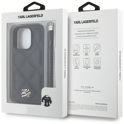 Custodia per Apple iPhone 16 Pro, Karl Lagerfeld, Quilted Initial Logo & Chain Strap, Nera