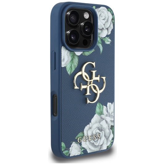 Étui pour Apple iPhone 16 Pro Max, Guess, 4G Grained Roses Big Logo, Bleu