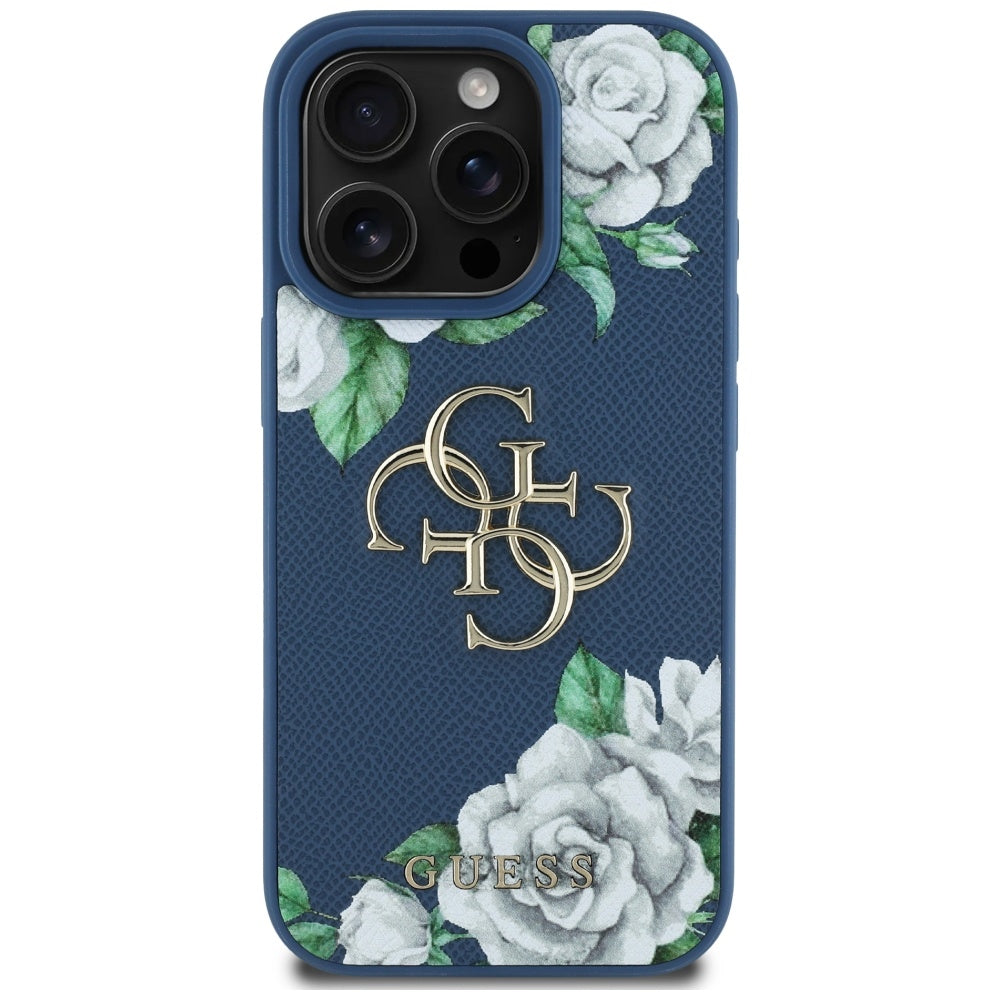 Étui pour Apple iPhone 16 Pro Max, Guess, 4G Grained Roses Big Logo, Bleu
