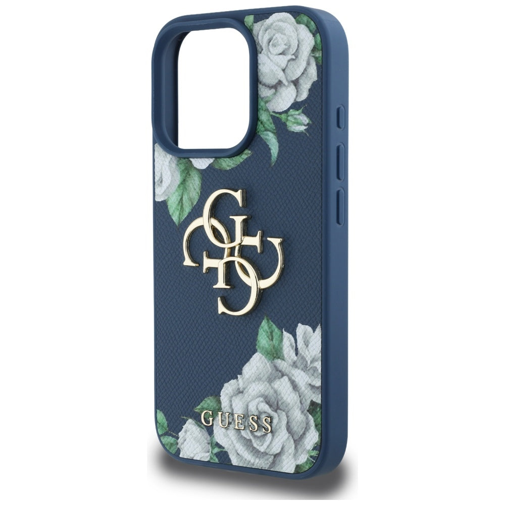 Étui pour Apple iPhone 16 Pro Max, Guess, 4G Grained Roses Big Logo, Bleu