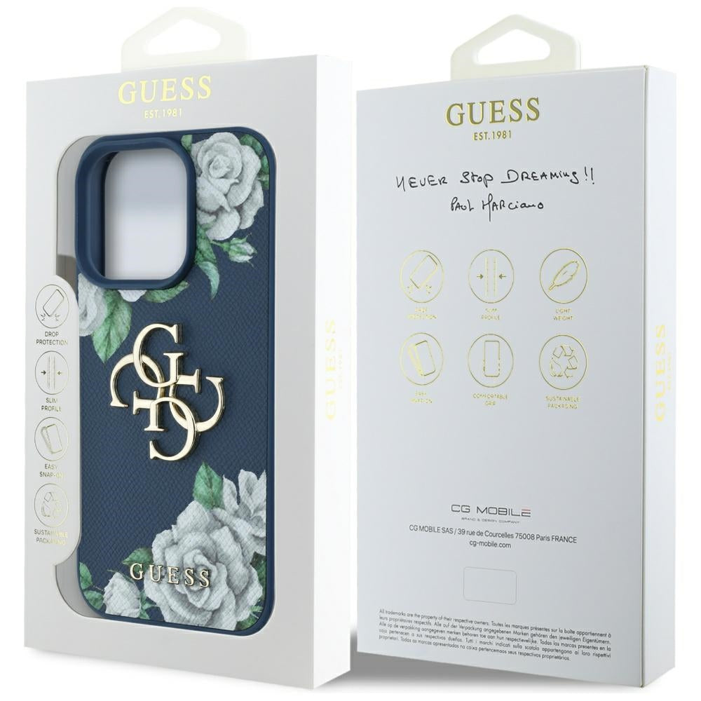 Étui pour Apple iPhone 16 Pro Max, Guess, 4G Grained Roses Big Logo, Bleu