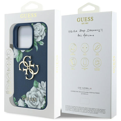 Étui pour Apple iPhone 16 Pro Max, Guess, 4G Grained Roses Big Logo, Bleu