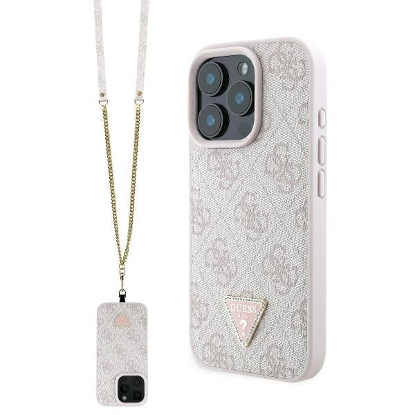 Étui pour Apple iPhone 16 Pro Max, Guess, Crossbody 4G Triangle Strass, Rose