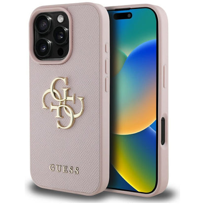 Étui pour Apple iPhone 16 Pro Max, Guess, Grained Big 4G Logo Small Classic Logo, Rose.