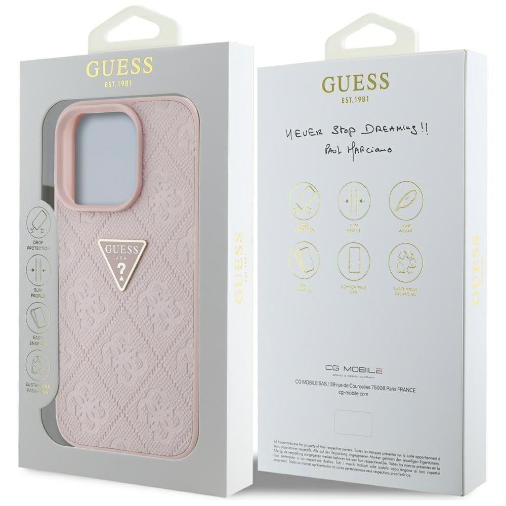 Étui pour Apple iPhone 16 Pro Max, Guess, Hot Stamp 4G Pattern Triangle Logo, Rose