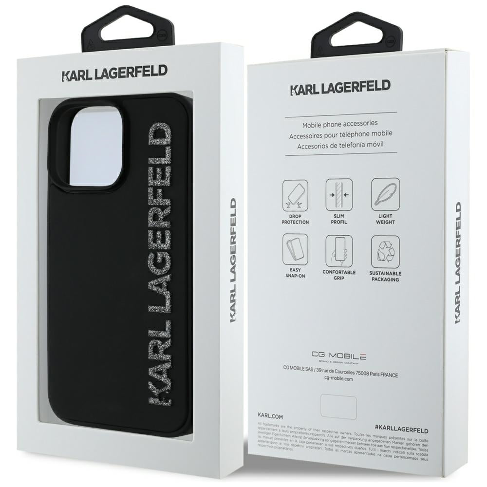 Case for Apple iPhone 16 Pro Max, Karl Lagerfeld, 3D Rubber Elongated Glitter Logo, Black