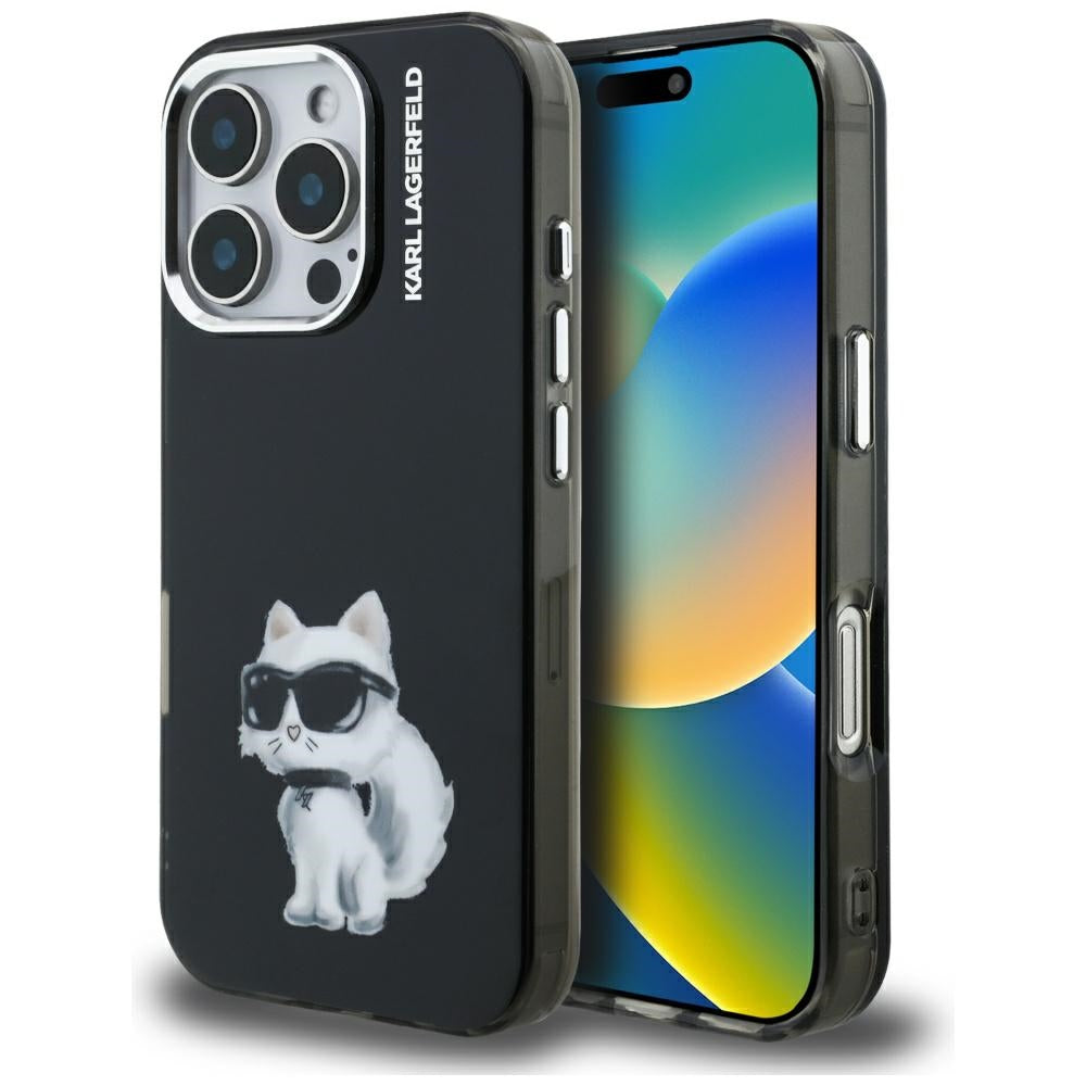 Hülle für Apple iPhone 16 Pro Max, Karl Lagerfeld, IML Aquarelle Logo Choupette, Schwarz