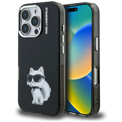 Hülle für Apple iPhone 16 Pro Max, Karl Lagerfeld, IML Aquarelle Logo Choupette, Schwarz