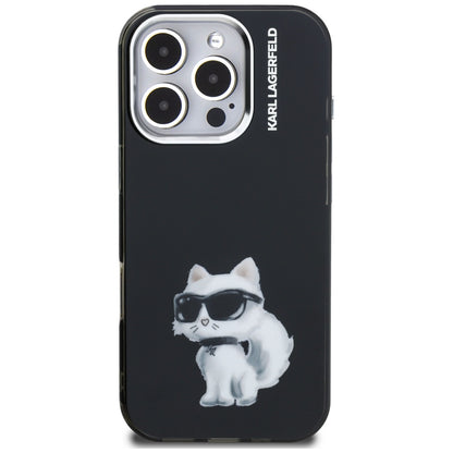 Hülle für Apple iPhone 16 Pro Max, Karl Lagerfeld, IML Aquarelle Logo Choupette, Schwarz