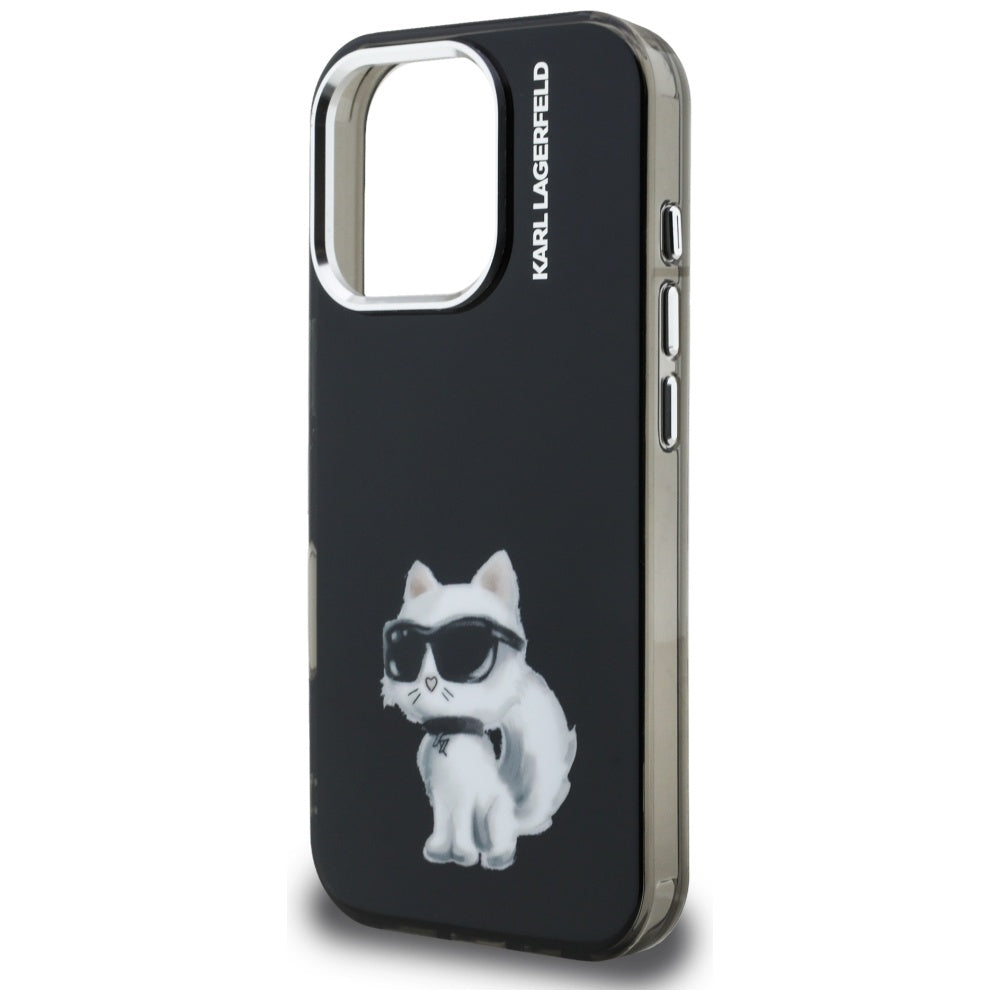 Hülle für Apple iPhone 16 Pro Max, Karl Lagerfeld, IML Aquarelle Logo Choupette, Schwarz